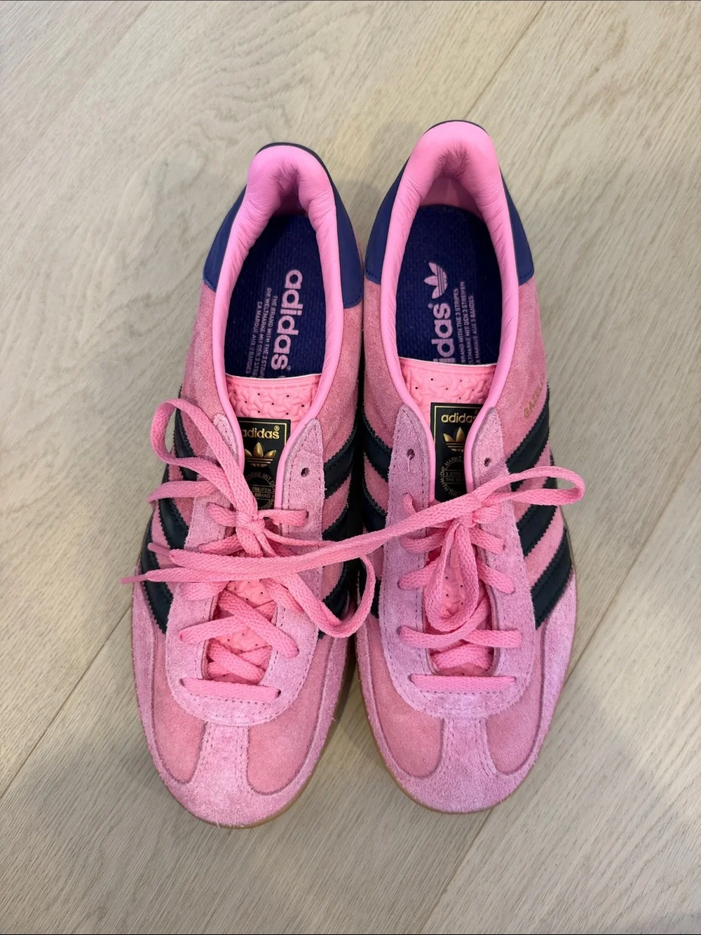 NWOT- adidas Gazelle Pink Suede Sneakers with Black Stripes and Gum Sole